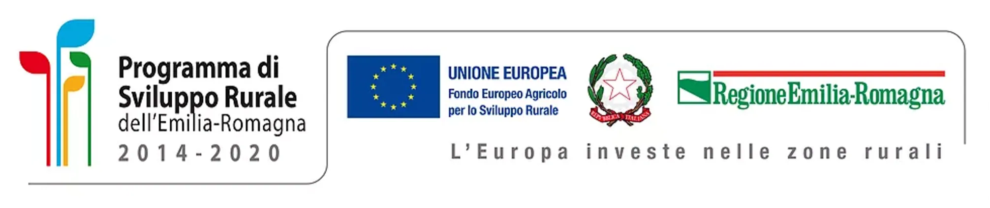 Loghi del Programma di Sviluppo Rurale 2014-2020 dell'Emilia-Romagna, Unione Europea, Fondo Europeo Agricolo per lo Sviluppo Rurale, Repubblica Italiana e Regione Emilia-Romagna, con la dicitura «L'Europa investe nelle zone rurali»